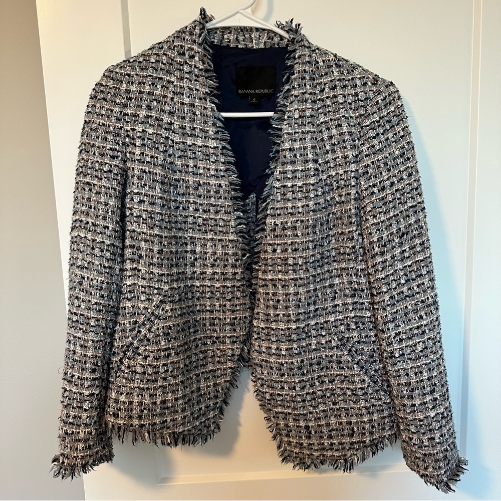 Banana Republic Collarless Metallic Tweed Blazer in Coastal Blue Size 6 💙🩵🤍 - Picture 3 of 13